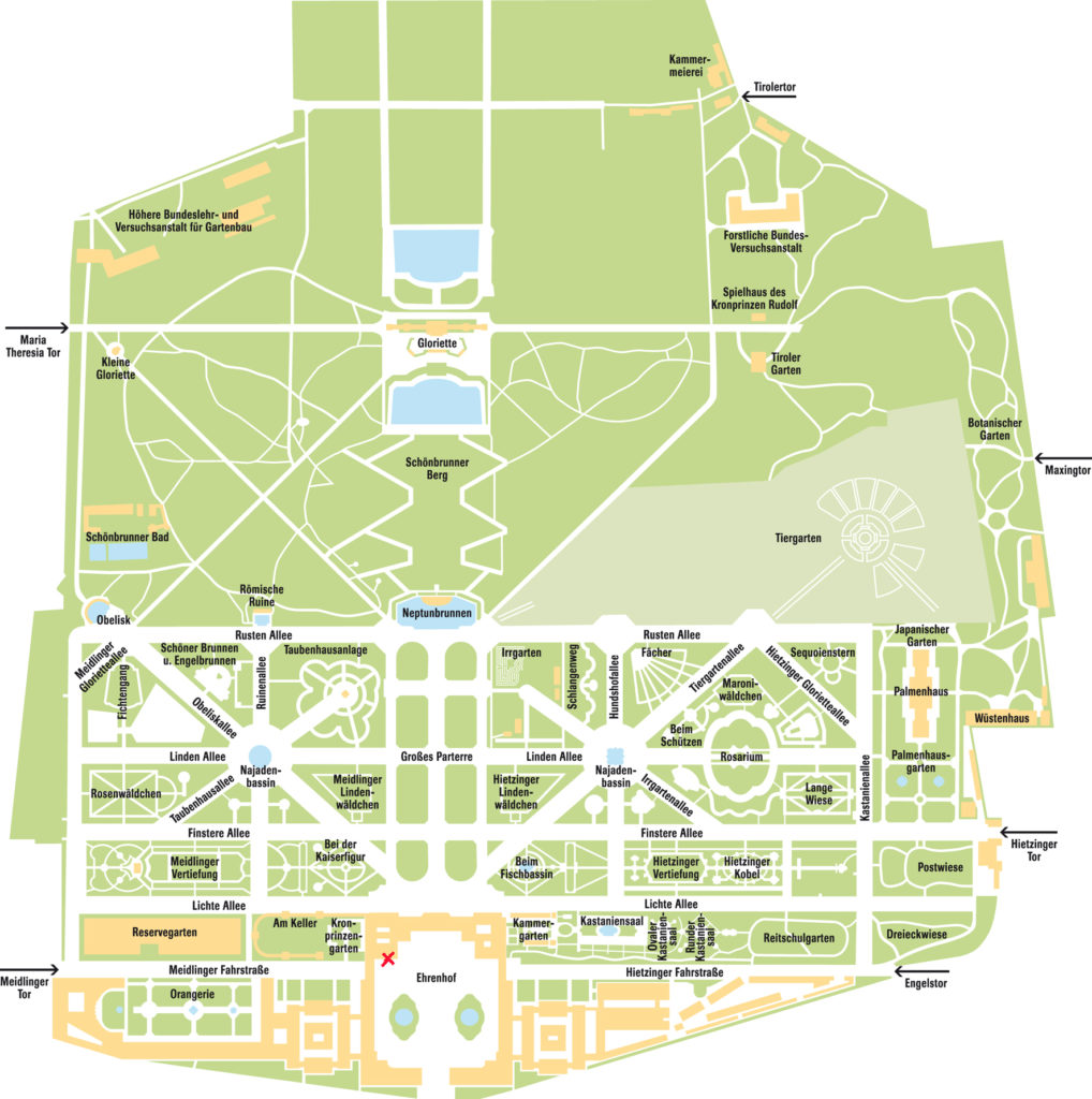 Mapa del palacio y jardines del Palacio Schönbrunn en Austria en 3 días